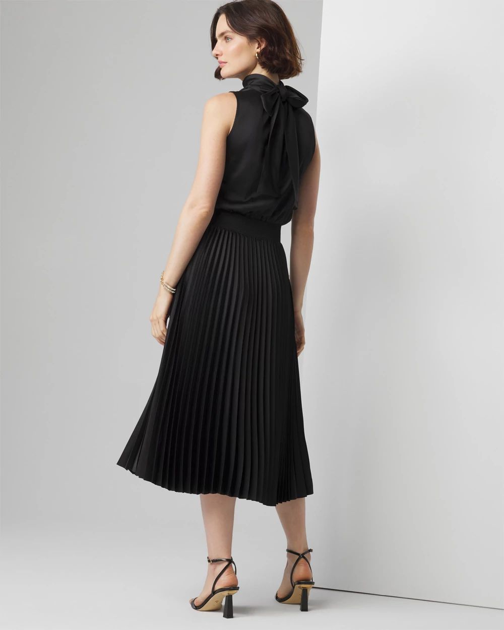 pleated tie neck dress